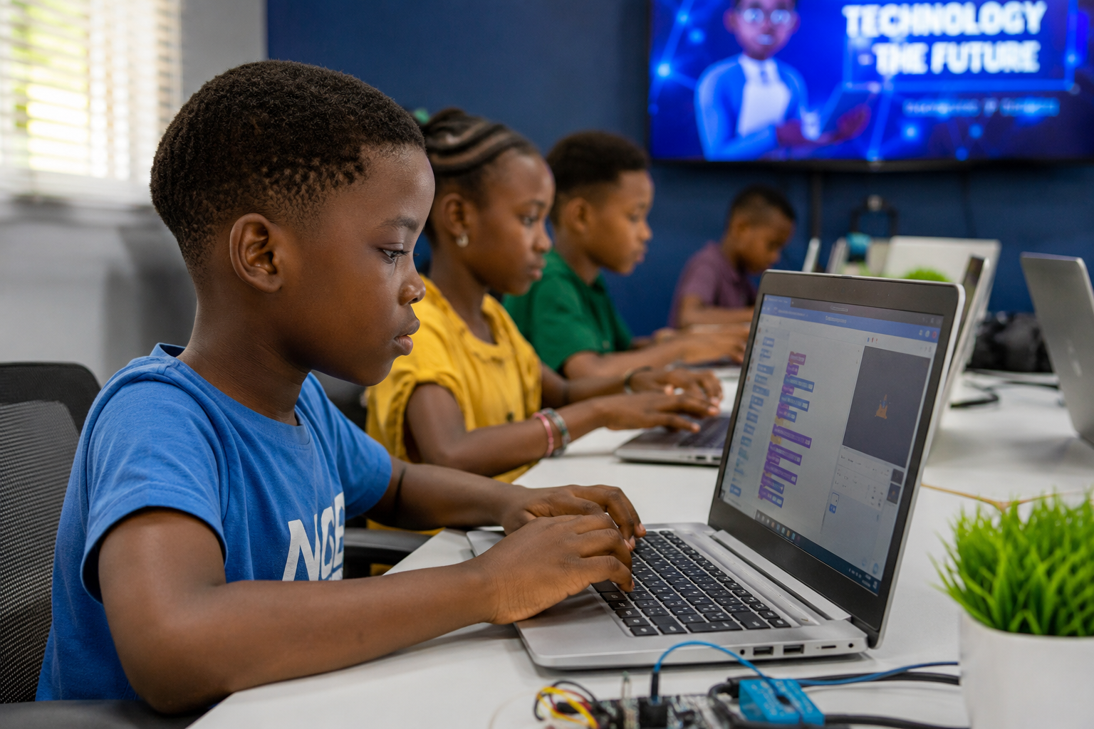 Children coding on laptops during a KidsCanCode session